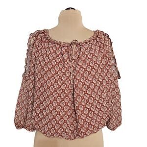 Max Studio Top Womens Small Rust White Floral Cold Shoulder Boho Ruffle Blouse